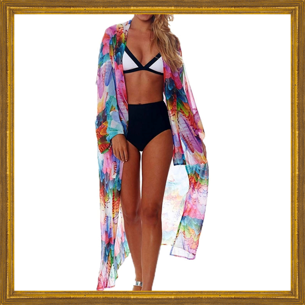 New Swim Suit Bathing Suit Kimono Cover Up Sheer Robe Colorful Feathers